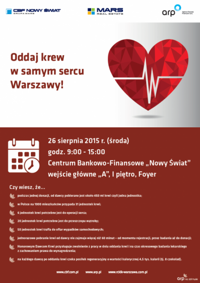 Oddaj krew w samym sercu Warszawy! LIFESTYLE, Zdrowie - Już w środę 26 sierpnia br., w jednym z najbardziej charakterystycznych budynków stolicy, w kompleksie Centrum Bankowo-Finansowego „Nowy Świat”, tuż przy Rondzie de Gaulle’a w Warszawie, odbędzie się honorowa zbiórka krwi.