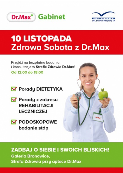 Zdrowa Sobota w Galerii Bronowice - już 10 listopada LIFESTYLE, Zdrowie - Już w sobotę, 10 listopada, mieszkańcy Krakowa i okolic będą mieli okazję skorzystać z bezpłatnych badań i konsultacji w ramach akcji Zdrowa Sobota z Dr.Max, organizowanej w nowo otwartym gabinecie w Galerii Bronowice.